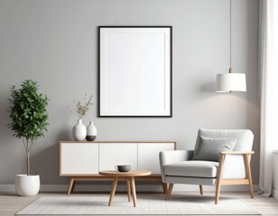 Frame mockup, Blank frame on grey wall above cabinet in modern living room interior. Modern interior design.