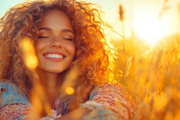 Portrait of a dreaming beautiful mulatto woman with curly hair against the backdrop of the sunset.