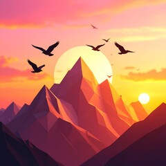 Fototapeta premium Birds Flying Over Glowing Sunset, Pink and Orange Sky, Low Poly Mountains.