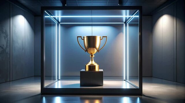 Gold trophy displayed in modern case