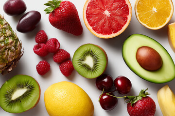 Ultra-photorealistic flat lay composition showcasing a colorful and diverse assortment of fresh, healthy fruits, emphasizing natural goodness and vibrant variety, isolated on white.