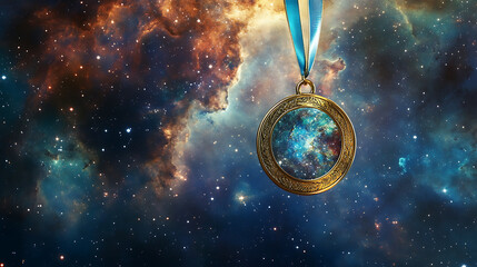 Golden Medal Reflecting a Cosmic Nebula Against a Starry Space Background