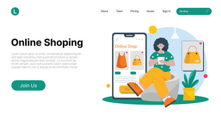 Vector landing page template of online shopping online shopping store with mobile