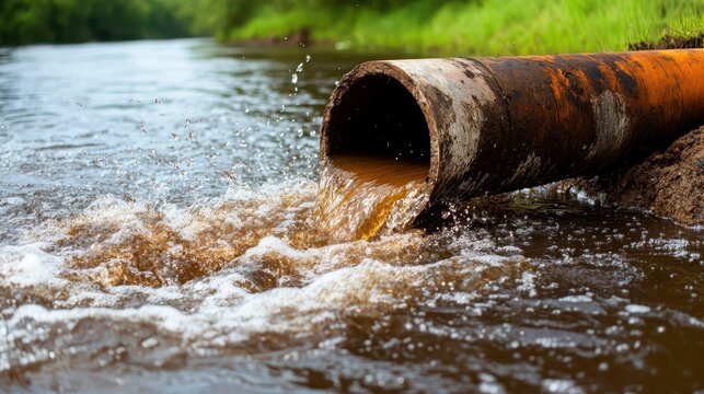 This image captures the pollution of a river with rust-colored water flowing from a drain pipe, highlighting environmental issues and the impact of waste on nature.