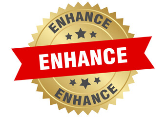 enhance. enhance round red and gold label isolated on transparent background
