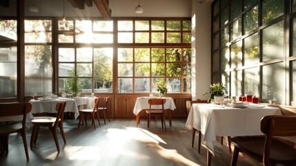 Fototapeta premium An inviting restaurant interior with warm sunlight filtering through large windows, featuring neatly arranged tables that create a cozy atmosphere for dining and socializing.