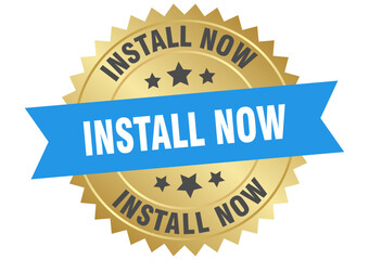 install now. install now round blue and gold label isolated on transparent background