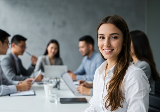 A diverse group of professionals is engaged in a business meeting in a modern conference room during the daytime, with one woman smiling directly at the camera.