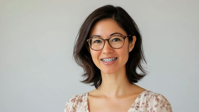 Studio portrait of girl with dental braces smiling on grey background