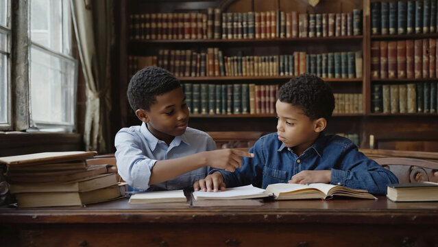 Two children studying together at a table with open books