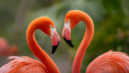 Obraz premium Two pink flamingos forming heart shape with necks. Birds in love, romance, affection. Exotic birds in nature, animal wildlife, pink feather details
