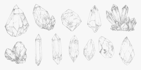 Elegant gemstone collection with faceted crystals. Ink sketches with gritty dot halftone, vintage magical design.