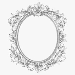 Victorian ornate border with swirls and curls, hand sketched. Crosshatched strokes, halftone texture, antique paper aesthetic, decorative frame.
