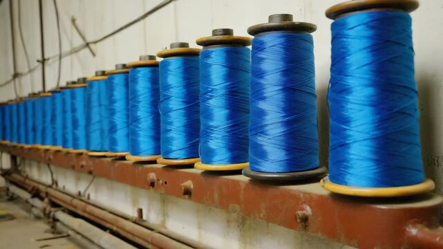Blue thread spools on weathered brown stand in industrial setting