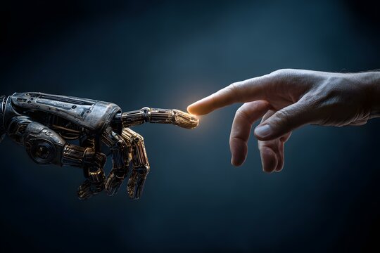 Human hand with robotic hand, technology concept - Powered by Adobe