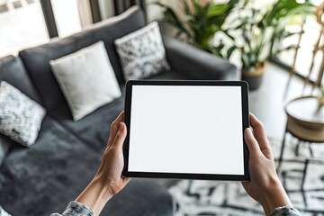 Hands holding a tablet in a living room (1)