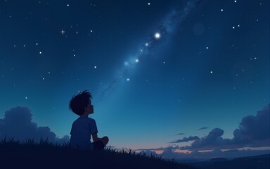 illustration of a boy looking at night starry sky with glitter glow galaxy flicker above, idea for prayer of hope, love, peace theme, Generative Ai. High quality