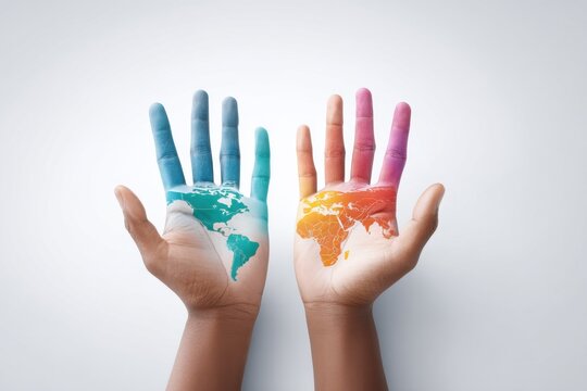 Unique world map hands design in vibrant colors with space for advertising