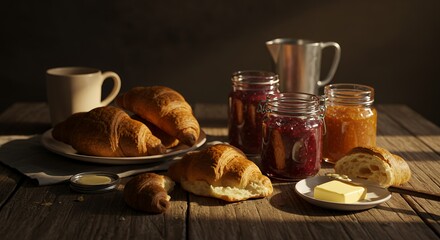 Golden sunlight streams across a rustic wooden table, illuminating a delightful breakfast spread of warm croissants, homemade jams, and creamy butter, promising a perfect start to the day.
