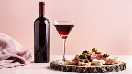 Red Wine Bottle, Martini Glass and Gourmet Appetizers on Rustic Wooden Board