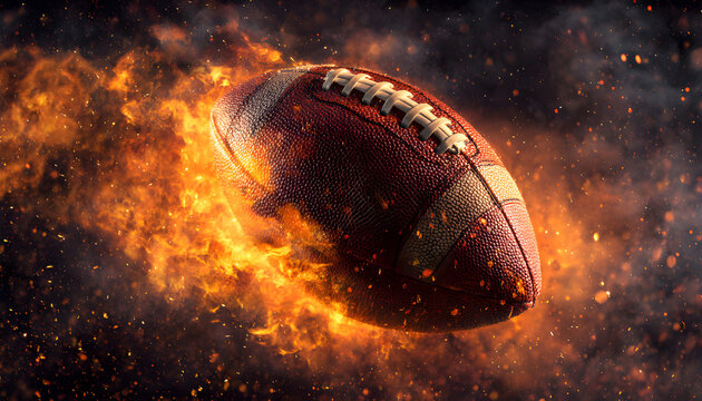 American football ball in flames on black background. Burning sport sphere, fiery game idea, competition concept. Football in fire, representing passion - Powered by Adobe