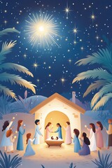 Celebrating the birth of Jesus in a vibrant Nativity scene with diverse characters and a starlit sky