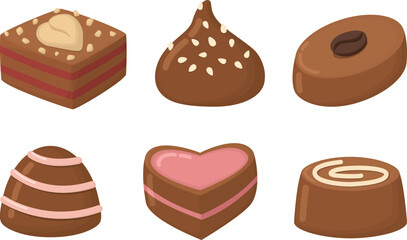 Set of milk chocolate sweets isolated on white background. Delicious candies of different shapes
