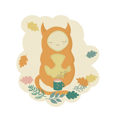A cartoon monster spends time drinking a mug of hot tea, milk or coffee. Cozy autumn picnic, tea party in the park, or nature with falling leaves. Friendly character. Cute sticker, print illustration.