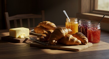 Golden sunlight streams through a window, illuminating a rustic breakfast scene of warm croissants, butter, and vibrant fruit preserves, promising a delightful start to the day.