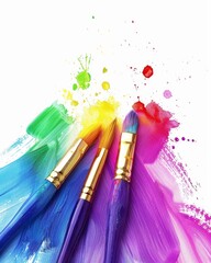 Vibrant paint brushes creating an array of colorful splashes on a clean white background