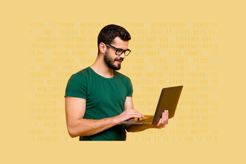 Image full trendy 3d collage poster of happy businessman hold laptop coding hacker software...