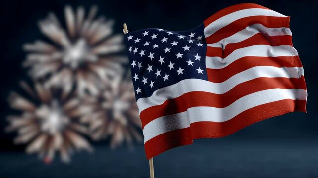 American flag waving in the foreground with vibrant fireworks bursting in the background, creating a festive atmosphere, symbolizing patriotism and celebration during national holidays and special eve - Powered by Adobe