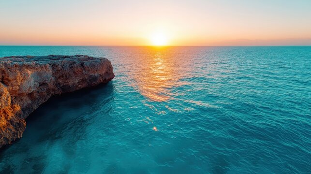 An idyllic sunset view over calm ocean waters, where the golden sun reflects on the surface, creating a serene and peaceful atmosphere.