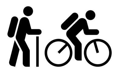 Hiking and biking symbols. Tourist and cyclist icon set. Pilgrim, tourist, hiking trail, trekking route, cycling route, bike trail, bicycle road signs.