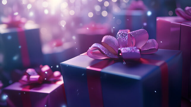 A collection of gifts wrapped in purple paper with pink ribbons and bows, surrounded by glittering lights. Festive holiday scene.