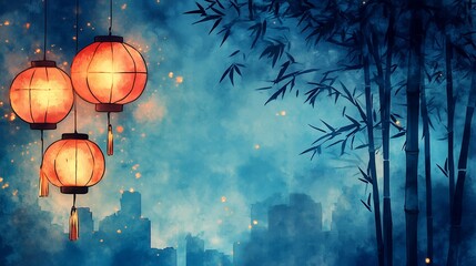 Obraz premium Blue Night Scene with Red Lanterns, Bamboo Forest and City Silhouette, Fireflies Accents 