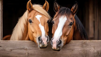 Obraz premium A stunning close-up of two horses, one with a blonde mane and the other dark, showcasing their gentle expressions against the rustic wooden backdrop of a stable.