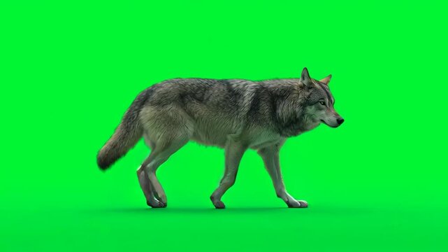 A grey wolf walking against a green screen background