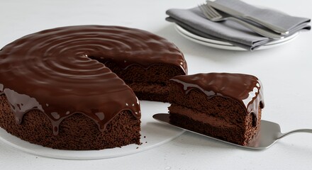 Indulge in Decadence: A Rich Chocolate Cake, Perfectly Glazed and Ready to Savor, Beckons with Irresistible Sweetness.
