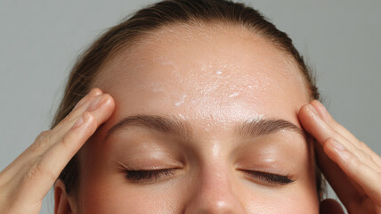 Fototapeta premium Spreading cream across forehead using upward strokes
