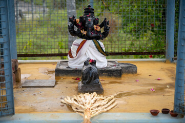Ganesh and Nandi Idols with Floral Offerings in Traditional Ritual