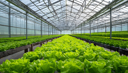 Rows of salad lettuce seedlings growing in greenhouse. Rich green foliage, springtime. Agriculture, farming, nature growth. Germination process