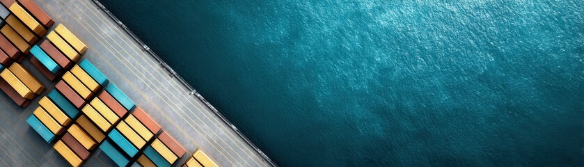 Aerial view of a cargo port with colorful shipping containers neatly arranged beside a large body of water.