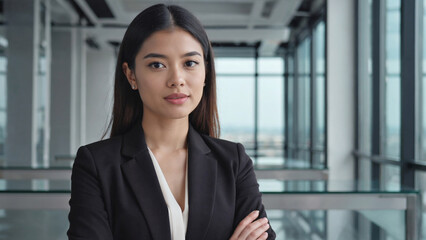 A professional woman stands confidently with her arms crossed, conveying a sense of authority and confidence