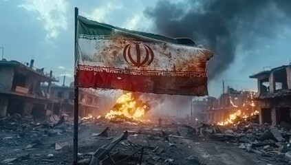 An Iranian flag flutters in the wind against a dramatic sunset sky. In the background is a devastated cityscape, an apocalyptic atmosphere
