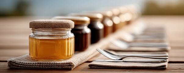 Small jars of various honey types lined up on a wooden table, next to neatly folded napkins and forks.