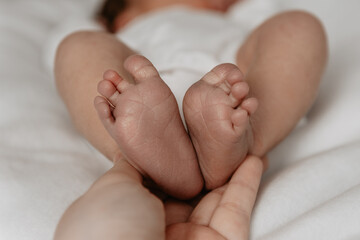 Close-up of baby feet held by parent’s hands on white blanket