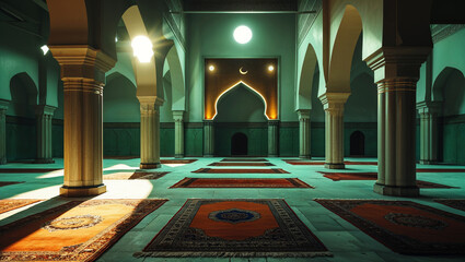Illuminated mosque interior featuring arched columns detailed carpets and warm sunlight ambiance