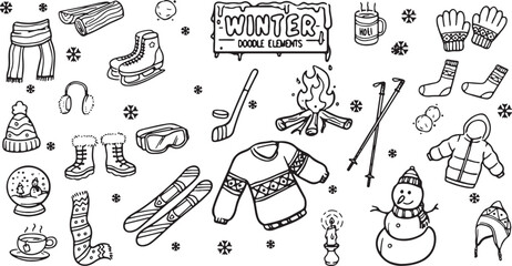Winter Sports Equipment Doodle Set – Skiing, Snowboard, Gloves, Line Art Vector Clipart