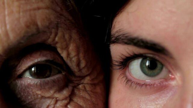 Macro video of female eye and elderly. Extremely close up view of motion woman blue eye Close-up portrait of young, beautiful and natural woman opening her eyes.